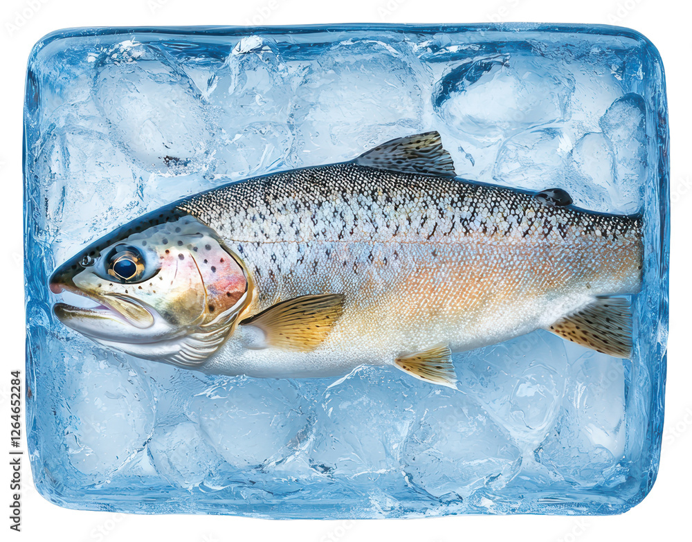 Poster a close up of a trout fish frozen in a block of ice on a transparent background