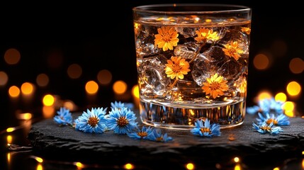 Elegant Cocktail with Flowers and Lights