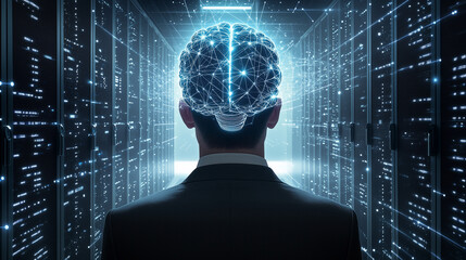 A Business Professional Standing in a Data Server Room with a Glowing Digital Brain Overlay, Symbolizing AI, Innovation, and Technology