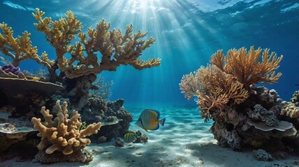 Obraz premium Tranquil underwater scene with copy space. Blue ocean with corals and sun rays