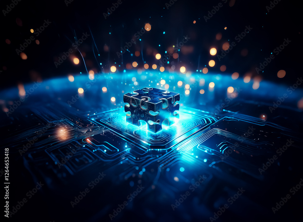 Poster a luminous cube rests atop a vibrant blue circuit board, radiating light. sparkling bokeh orbs float