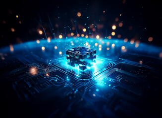 A luminous cube rests atop a vibrant blue circuit board, radiating light. Sparkling bokeh orbs float in the dark backdrop, creating a futuristic and technological atmosphere.