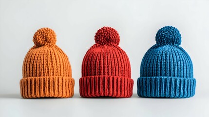 Three Knitted Winter Hats With Pom Poms On White
