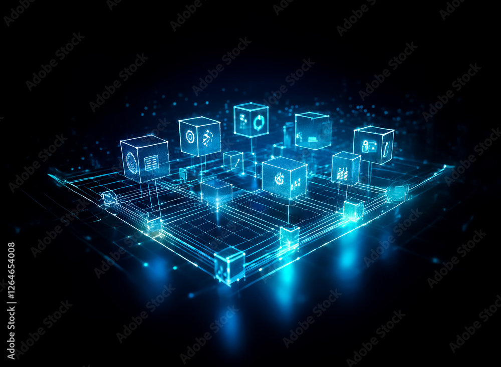 Poster glowing blue cubes are interconnected on a grid in a dark space, creating a futuristic and abstract 
