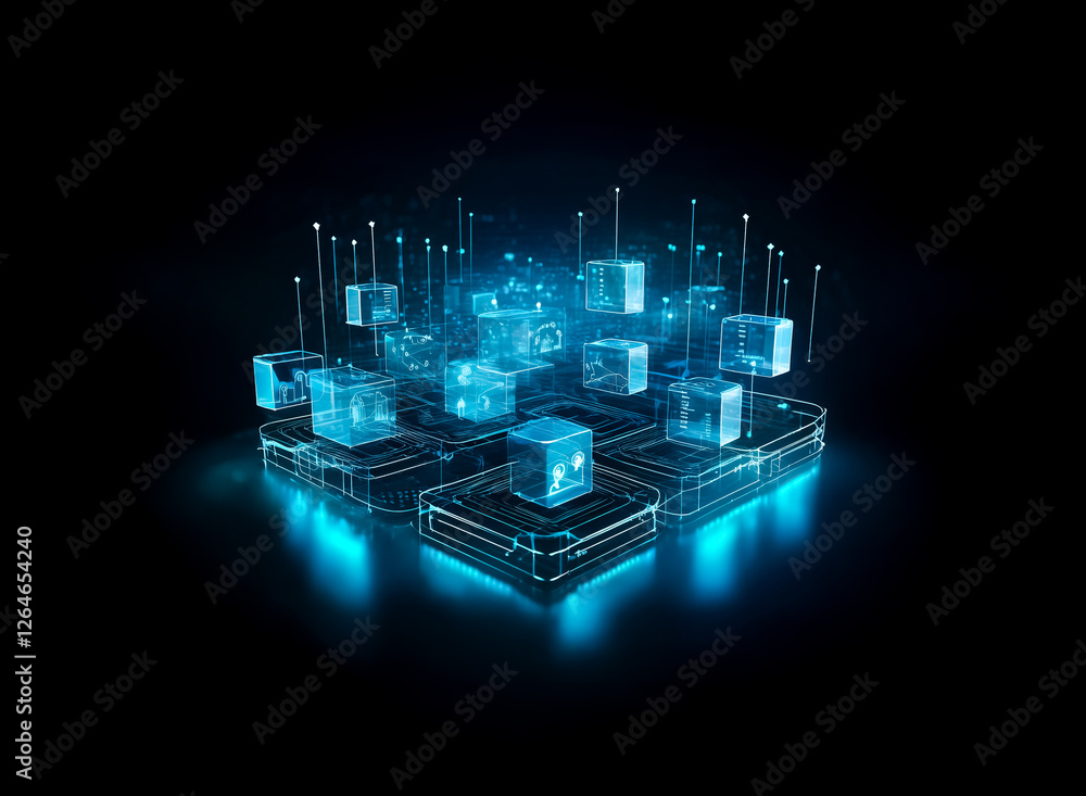 Poster glowing blue cubes on platforms create a futuristic, network-like structure against a black backdrop