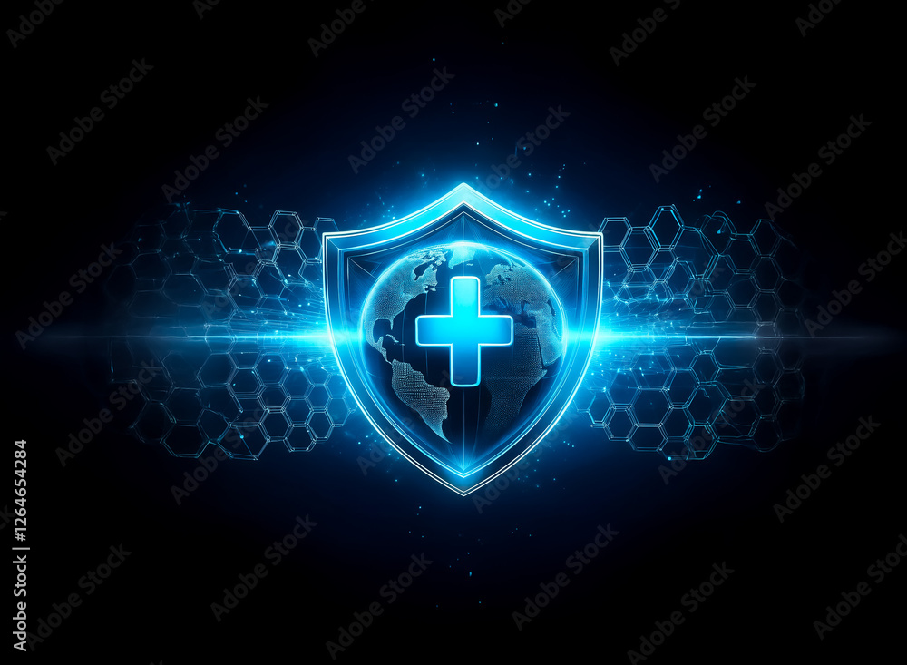 Poster glowing blue shield emblem with a globe and a plus sign, representing global health and protection. 
