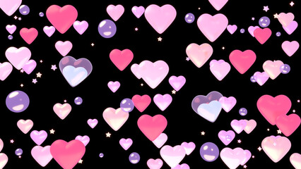 3D render colorful hearts and bubbles on black background.