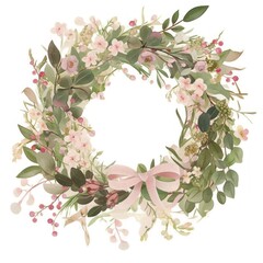 Fototapeta premium Floral wreath with pink ribbon