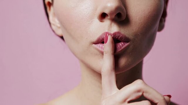 Female model pressing index finger against lips, signaling silence with subtle expression during slow motion close up against soft pink background, conveying mystery and confidentiality