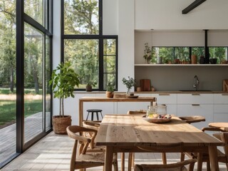 Bright open modern kitchen with natural wood and green views