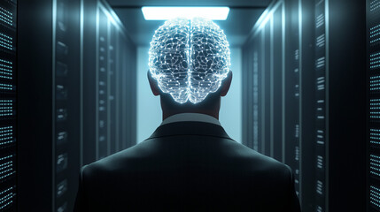 A Business Professional Standing in a Data Server Room with a Glowing Digital Brain Overlay, Symbolizing AI, Innovation, and Technology