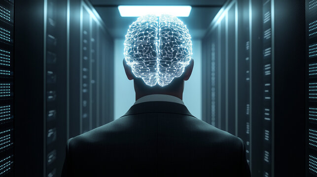 A Business Professional Standing in a Data Server Room with a Glowing Digital Brain Overlay, Symbolizing AI, Innovation, and Technology