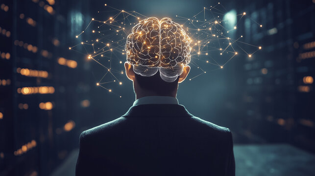 A business professional viewed from behind, with a glowing digital brain overlay, standing in a data server room symbolizing AI and innovation
