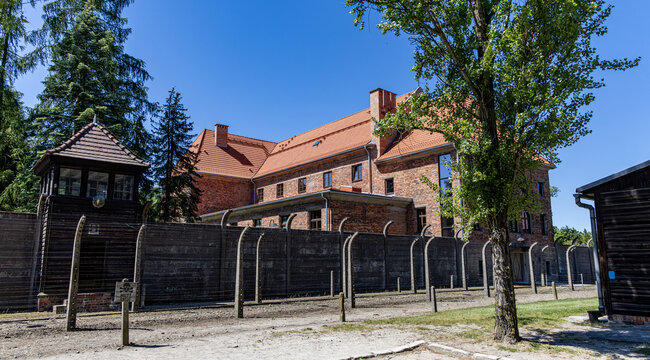 Oświęcim, Poland - 05 16 2024: An image of the buildings and grounds of Auschwitz concentration camp.