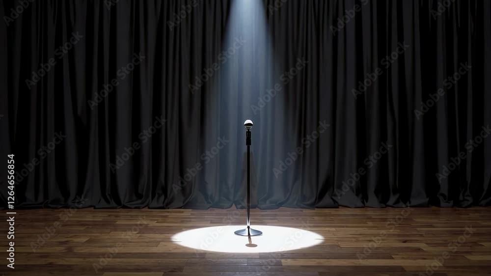Aufkleber dramatic spotlight casting soft light on lone microphone, standing centered on empty theater stage w