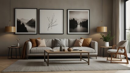 Interior view of an apartment, sitting room with sofa and mural