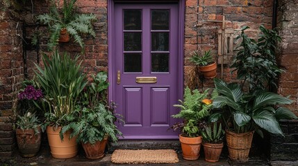 Purple Door Entrance with Lush Greenery