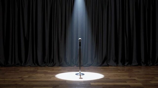 Dramatic spotlight casting soft light on lone microphone, standing centered on empty theater stage with dark curtains creating suspenseful atmosphere before upcoming performance
