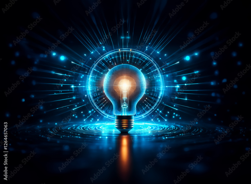 Poster glowing light bulb with radiating blue digital lines and bokeh on a dark background. symbolic of inn