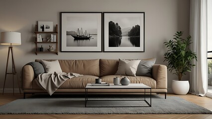 Interior view of an apartment, sitting room with sofa and mural