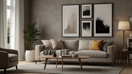 Interior view of an apartment, sitting room with sofa and mural