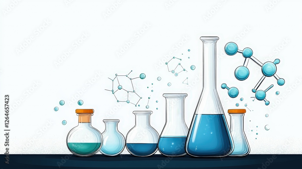 Poster colorful science lab setup with flasks and molecules in blue and white