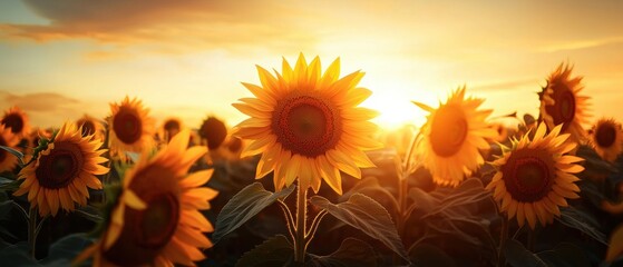 A field of sunflowers at sunset.
