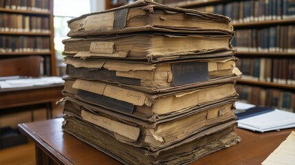 Fototapeta premium Stack of old documents awaiting processing in library or archive