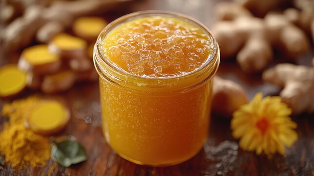 Golden Ginger Turmeric Honey Elixir: A vibrant jar of homemade ginger, turmeric, and honey elixir sits 