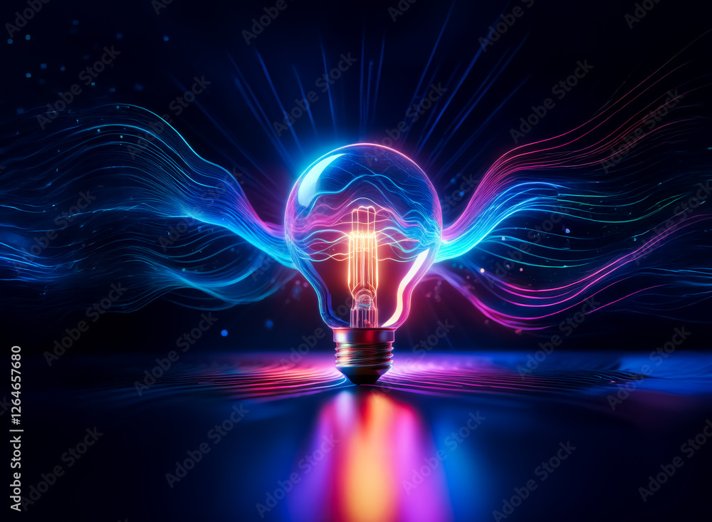Poster a vibrant light bulb emits colorful waves of light in a dark space, reflecting on the surface below,