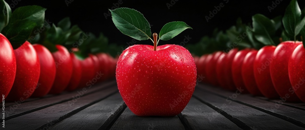 Poster a single apple with a green leaf sits in the center of a row of identical apples.