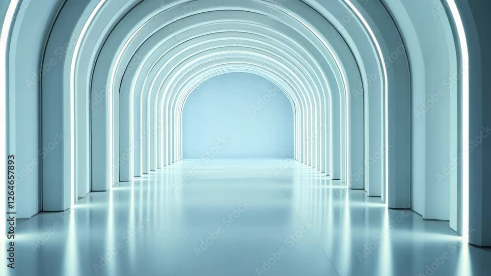 Poster minimalist white geometric tunnel with futuristic arches and soft lighting perfect for technology an