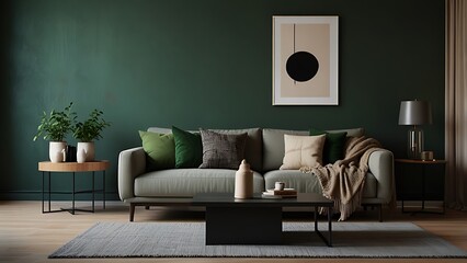 Interior view of an apartment, sitting room with sofa and mural