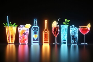 Glowing neon outlines of various cocktails and spirits create a vibrant and refreshing display against a dark background