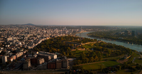 Fototapeta premium Aerial view of Belgrade rivers and cityscape, Serbia.