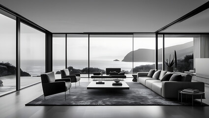  Luxury architecture, ocean front property landscape. Modern living room interior design with sleek contemporary designer furniture, minimalist decor large windows, panoramic coastal view background