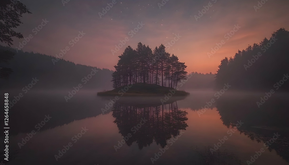 Poster serene twilight scene of a small island with trees reflected in a calm lake under a starlit sky. per