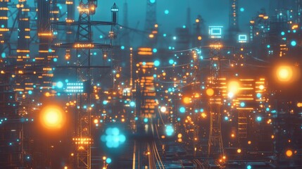 A futuristic smart grid system with AI controlling clean energy distribution from renewable sources.