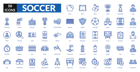 Soccer blue icon collection set. Includes football, goal, player, field, ball, team, match, referee, kick, net, championship, sport, competition, defense, attack
