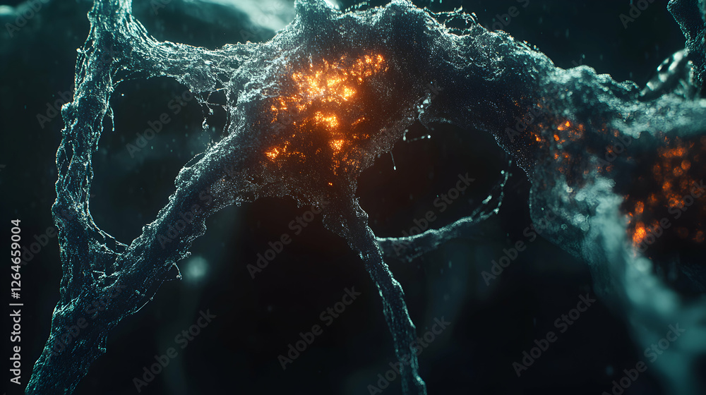 Poster abstract image depicting a fiery, glowing core within a dark, intricate, web-like structure, suggest