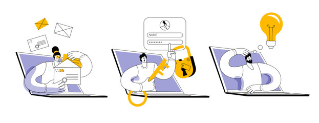 Set of vector illustrations with characters. Man holding virtual key, sorting email, searching for new ideas. Vector illustrations for animation.