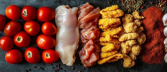 Colorful Flat Lay of Raw and Cooked Ingredients for Cooking