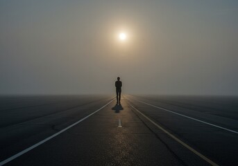 Lone Figure Walking on an Empty Misty Road at Sunrise - Atmospheric Solitude and Reflection Photograph