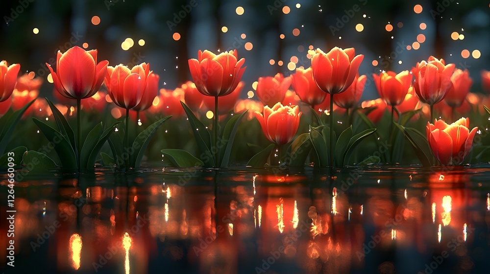 Poster mesmerizing tulip field glowing in golden hour light with reflections and shadows