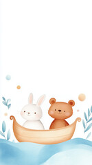 Naklejka premium Cute animals in boat on water with soft colors and leaves