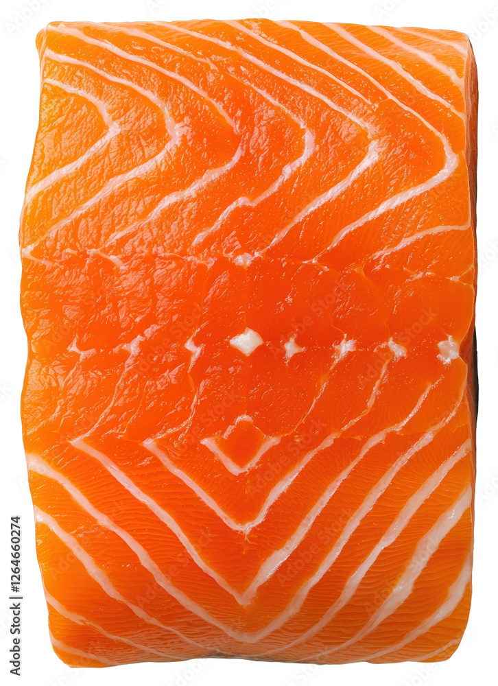 Poster close up fresh raw salmon fillet slice displaying intricate marbling texture against transparent bac