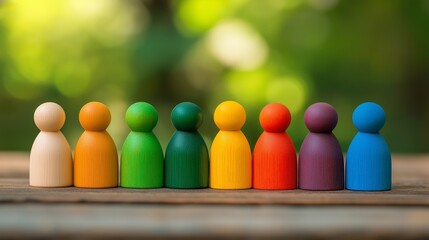 Rainbow-Colored Wooden Figurines on Rustic Table, Symbolizing Diversity and Inclusion