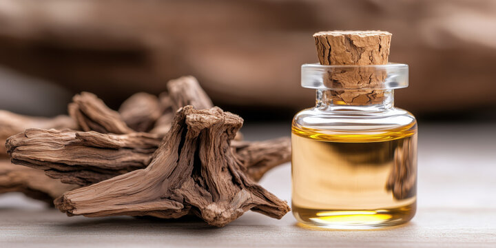 bottle of essential oil next to piece of wood, showcasing natural beauty