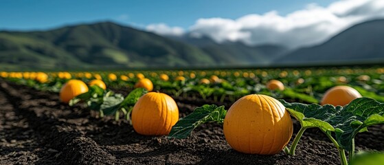A field of pumpkins with a mountain in the background.