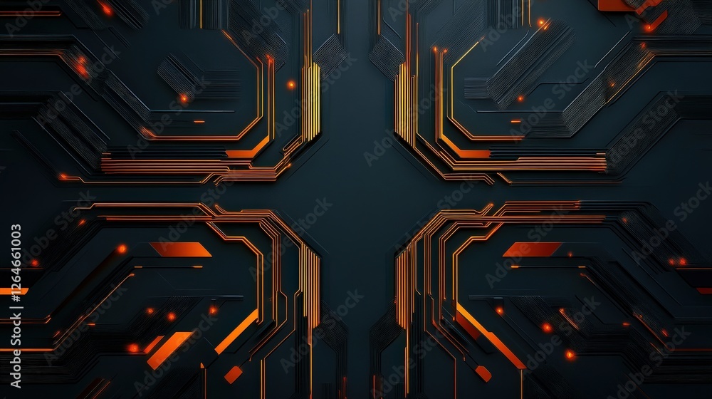 Poster futuristic circuit design in black and orange with geometric patterns